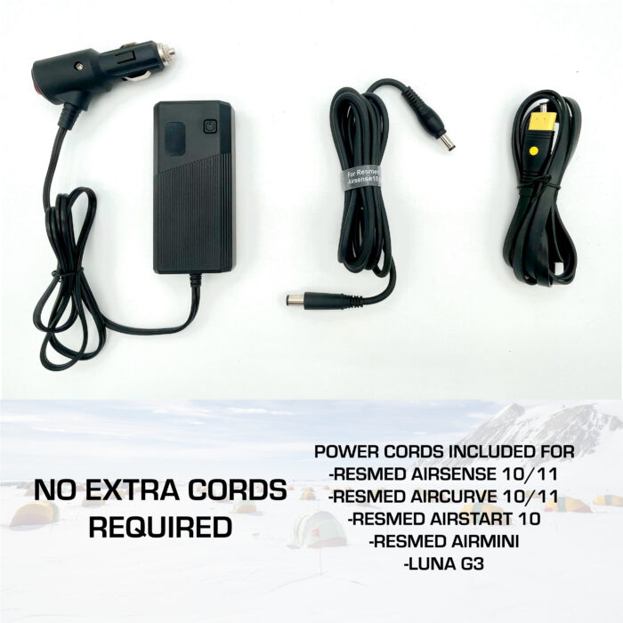 CPAP power cords, now enhanced with LiFePO4 technology and compatible with the EXP 240 PRO LiFePO4 CPAP Battery, are showcased alongside the "No Extra Cords Required" text. Suitable for models including the EXP 240 PRO, among others listed below.