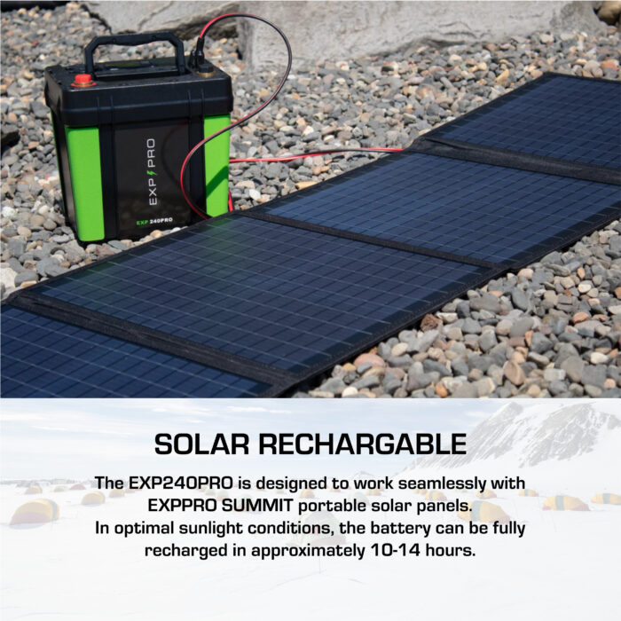 An EXP 240 PRO LiFePO4 CPAP Battery and a portable solar panel rest on rocky ground, showcasing impressive solar recharging capabilities.