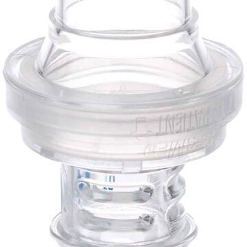 The Leak Valve Americas product, featuring a Circuit connector Filter from the Stellar™ line, includes a clear plastic medical breathing valve with a cylindrical circuit connector and integrates multiple layers for enhanced performance.