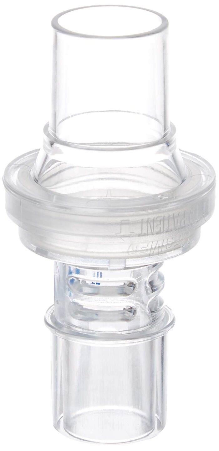 The Leak Valve Americas product, featuring a Circuit connector Filter from the Stellar™ line, includes a clear plastic medical breathing valve with a cylindrical circuit connector and integrates multiple layers for enhanced performance.