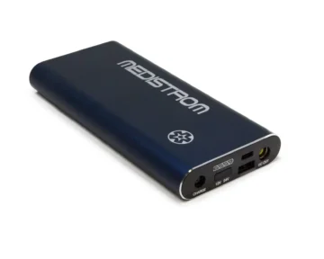 The Medistrom Pilot Flex CPAP Battery is a portable power bank with multiple charging ports and a sleek charcoal black casing.