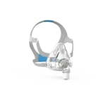 The ResMed AirFit F20 Full Face CPAP Mask (Non-Magnetic) is designed for sleep apnea therapy, featuring adjustable blue and gray straps, all elegantly displayed on a pristine white background.