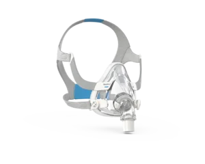 The ResMed AirFit F20 Full Face CPAP Mask (Non-Magnetic) is designed for sleep apnea therapy, featuring adjustable blue and gray straps, all elegantly displayed on a pristine white background.