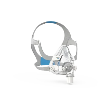The ResMed AirFit F20 Full Face CPAP Mask (Non-Magnetic) is designed for sleep apnea therapy, featuring adjustable blue and gray straps, all elegantly displayed on a pristine white background.