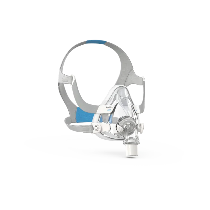 The ResMed AirFit F20 Full Face CPAP Mask (Non-Magnetic) is designed for sleep apnea therapy, featuring adjustable blue and gray straps, all elegantly displayed on a pristine white background.