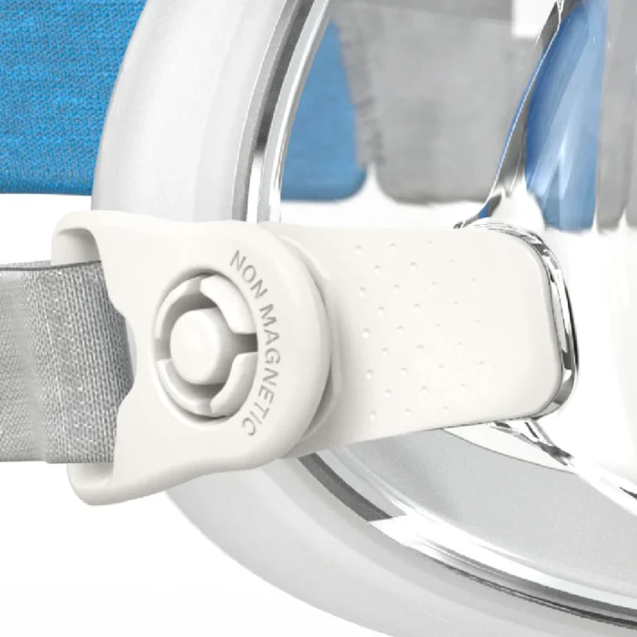 Close-up of a non-magnetic clasp on a gray strap attached to the ResMed AirFit F20 Full Face CPAP Mask (Non-Magnetic), featuring a sleek blue and white design.