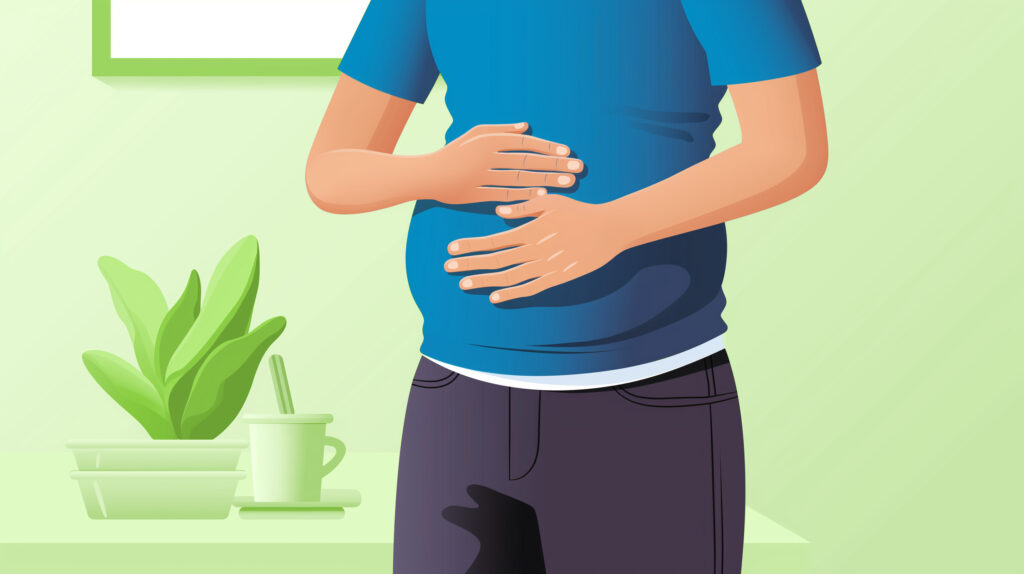 Illustration of a person with both hands on their stomach, possibly reflecting side effects, standing in front of a plant on a light green background.