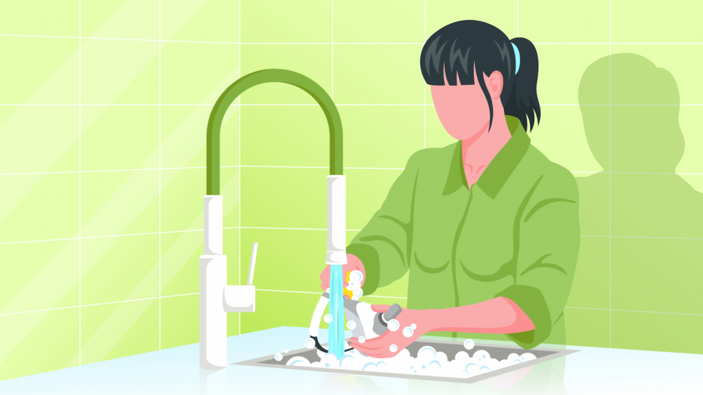 Illustration of a person in a green shirt washing dishes in a kitchen sink with green tiles, perhaps pondering the comprehensive guide they read about managing side effects of using a CPAP machine.