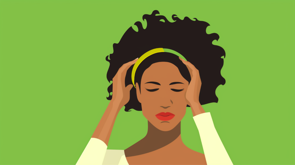 Illustration of a woman with curly hair holding her head, eyes closed, contemplating the side effects on a calming green background.