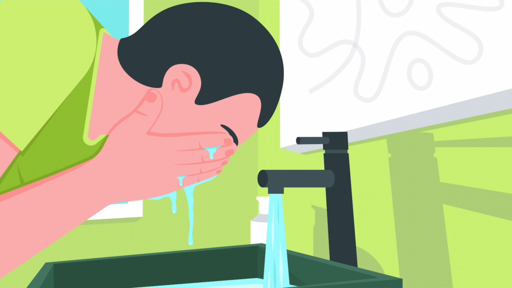 Illustration of a person washing their face over a sink with water flowing from a faucet, set in a bright bathroom—perhaps part of their morning routine detailed in a comprehensive guide on maintaining skin health while using a CPAP machine.