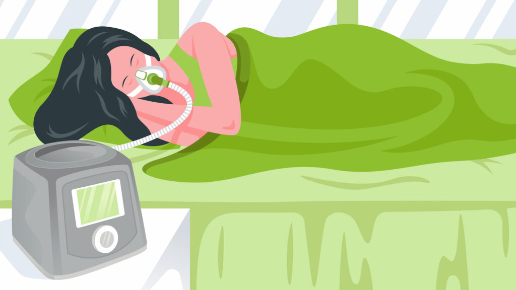 Person sleeping with a CPAP mask under a green blanket, the CPAP machine humming softly on a nearby table. It's like resting with your own comprehensive guide to better sleep by your side.