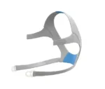 The gray and blue headgear, designed to be compatible with the ResMed AirFit F20 Full Face CPAP Mask (Non-Magnetic), includes adjustable straps for a secure fit.