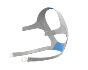 The gray and blue headgear, designed to be compatible with the ResMed AirFit F20 Full Face CPAP Mask (Non-Magnetic), includes adjustable straps for a secure fit.