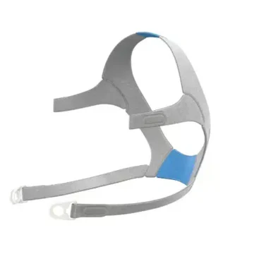 The gray and blue headgear, designed to be compatible with the ResMed AirFit F20 Full Face CPAP Mask (Non-Magnetic), includes adjustable straps for a secure fit.