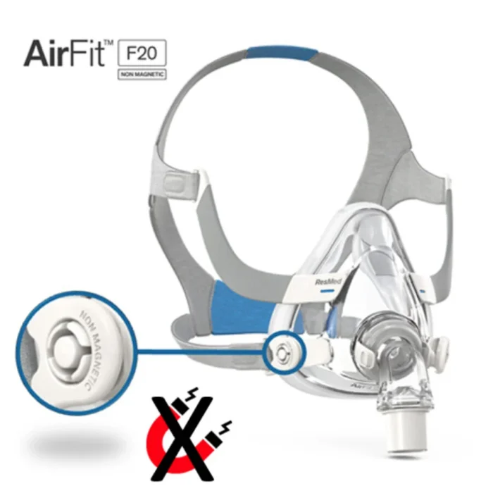 The ResMed AirFit F20 Full Face CPAP Mask (Non-Magnetic) comes with headgear and is designed for enhanced safety and comfort.