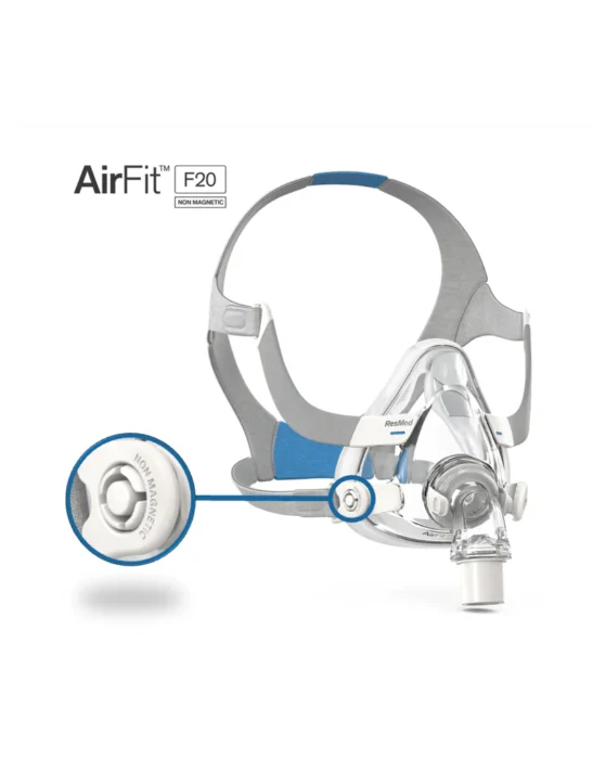 The ResMed AirFit F20 Full Face CPAP mask (Non-Magnetic) includes grey headgear with blue accents and offers a detailed close-up of its non-magnetic connection.