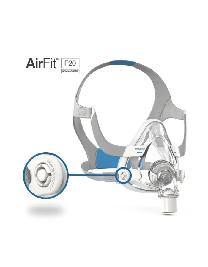 The ResMed AirFit F20 Full Face CPAP mask (Non-Magnetic) includes grey headgear with blue accents and offers a detailed close-up of its non-magnetic connection.