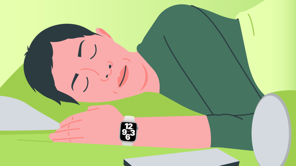 Illustration of a person sleeping with a smartwatch showing 12:09:36, highlighting Apple's new feature focused on sleep health.