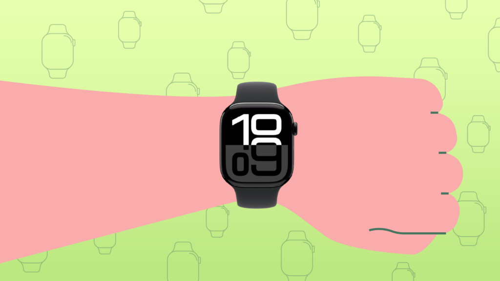 A smartwatch with a large digital display showing 10:09 rests on a wrist, its sleek design complemented by a light green background featuring watch outlines. This model, popular among Canadians, showcases Apple's new feature dedicated to enhancing sleep health.