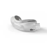 A clear plastic sleep mouthguard with a textured surface, marked "L" for left, is pictured next to the ResMed AirTouch N30i Nasal CPAP Mask (Fit Pack) on a white background.