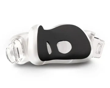 A side view of the ResMed AirTouch N30i Nasal CPAP Mask (Fit Pack), made of black and clear plastic, featuring a central hole.