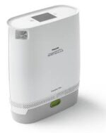 The SimplyGo Mini white and gray portable oxygen concentrator, available with the SimplyGo Mini Extended Battery Kit, features a digital display and button for added convenience.