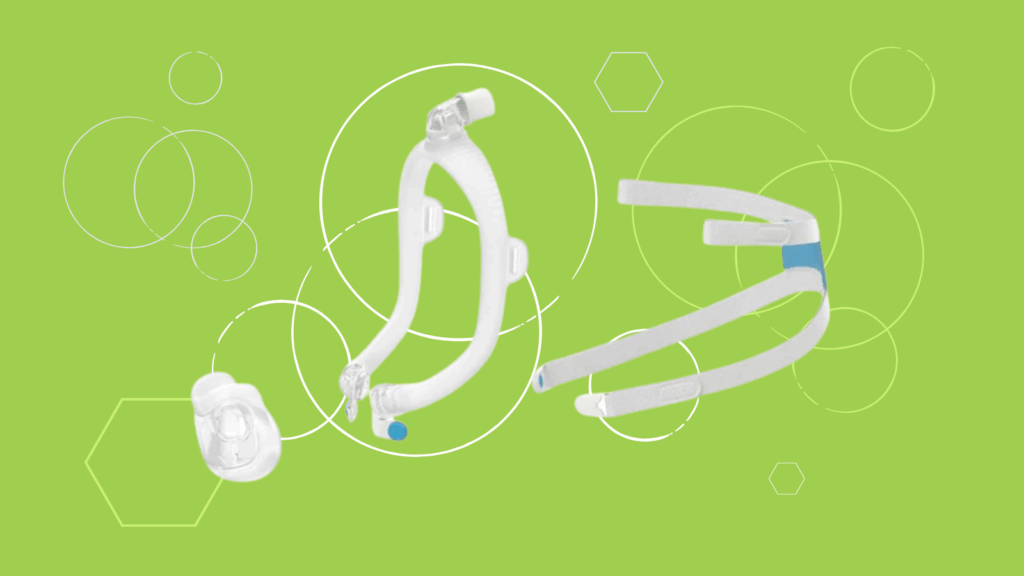 Three CPAP mask parts, including components from the ResMed AirFit F30i Full Face CPAP Mask, are displayed on a green background with white geometric shapes and circles—perfect for any detailed CPAP mask review.