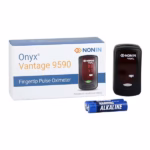 The image shows the Nonin Onyx Vantage 9590 Finger Pulse Oximeter with its box and two AA batteries.