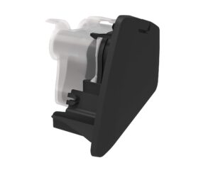 Black and white plastic automotive part with a flat, angled face and mounting bracket.
