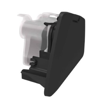 Black and white plastic automotive part with a flat, angled face and mounting bracket.