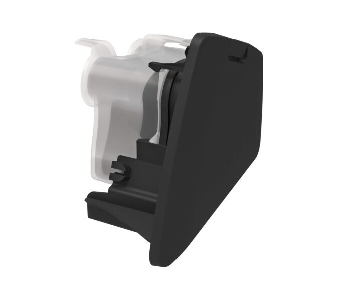 Black and white plastic automotive part with a flat, angled face and mounting bracket.