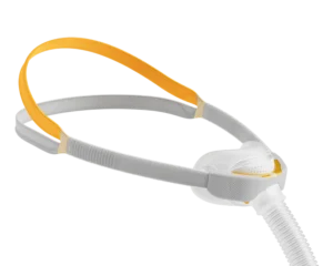The Fisher & Paykel Solo Nasal CPAP Mask (Fit Pack) includes a comfortable grey and yellow head strap, white nasal cushion, and hose connection, providing stability and comfort for restful sleep.