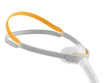The Fisher & Paykel Solo Nasal CPAP Mask (Fit Pack) includes a comfortable grey and yellow head strap, white nasal cushion, and hose connection, providing stability and comfort for restful sleep.