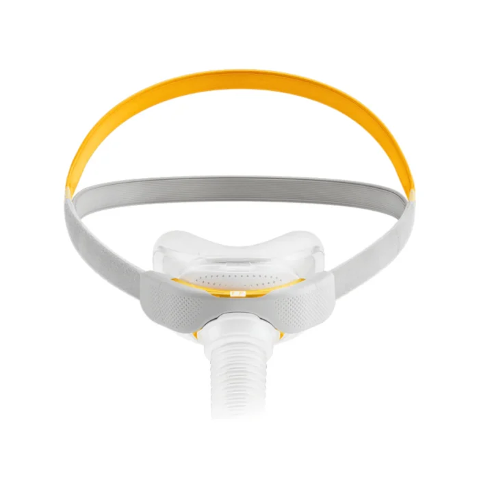 The Fisher & Paykel Solo Nasal CPAP Mask (Fit Pack) features a white and gray mask, yellow headband, and hose, shown from the front as part of this convenient package.