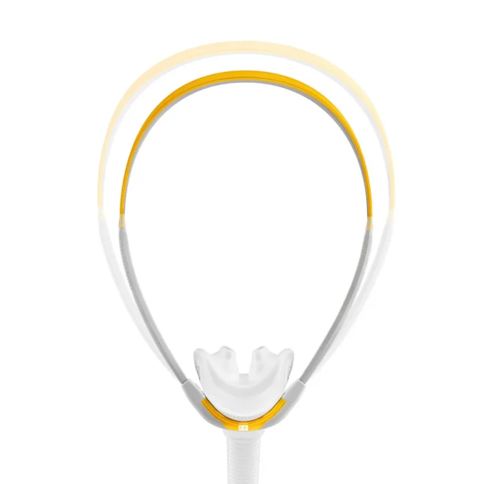 The Fisher & Paykel Solo Nasal Pillow CPAP Mask (Fit Pack) is shown in yellow and white with two overlapping positions on a white background, highlighting its adjustable fit options.
