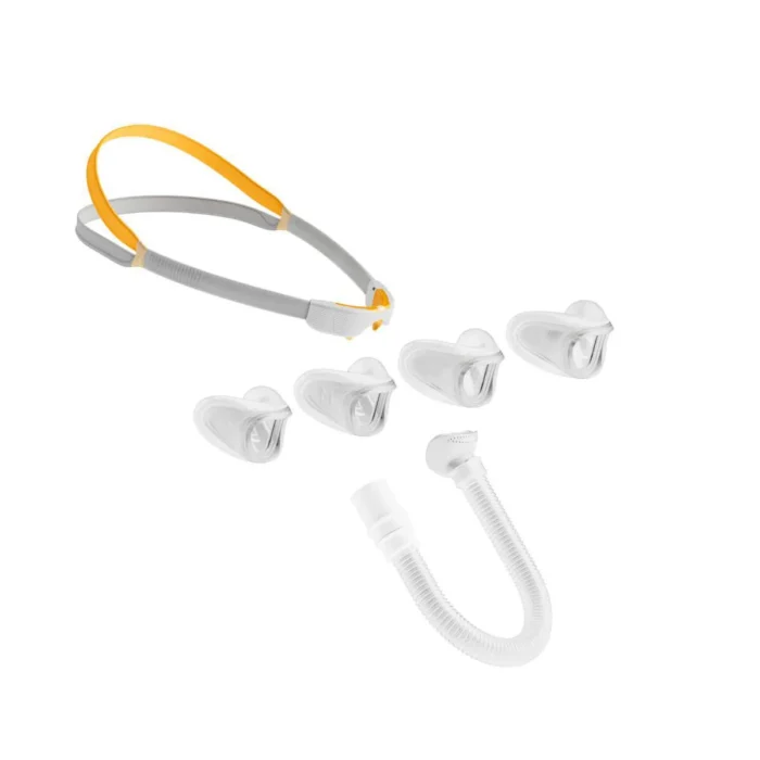 The Fisher & Paykel Solo Nasal CPAP Mask Seal, shown on a white background, includes gray and yellow headgear, a hose, and five interchangeable nasal pillow cushions for a comfortable mask fit.