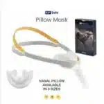 Fisher & Paykel Solo Nasal Pillow CPAP Mask (Fit Pack) shown with a yellow head strap, three nasal pillow sizes, and product box on the right.