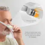 Man adjusts the Fisher & Paykel Solo Nasal CPAP Mask (Fit Pack), highlighting its AutoLock technology in a close-up, with explanatory text on the right and a Fit Pack for personalized comfort.