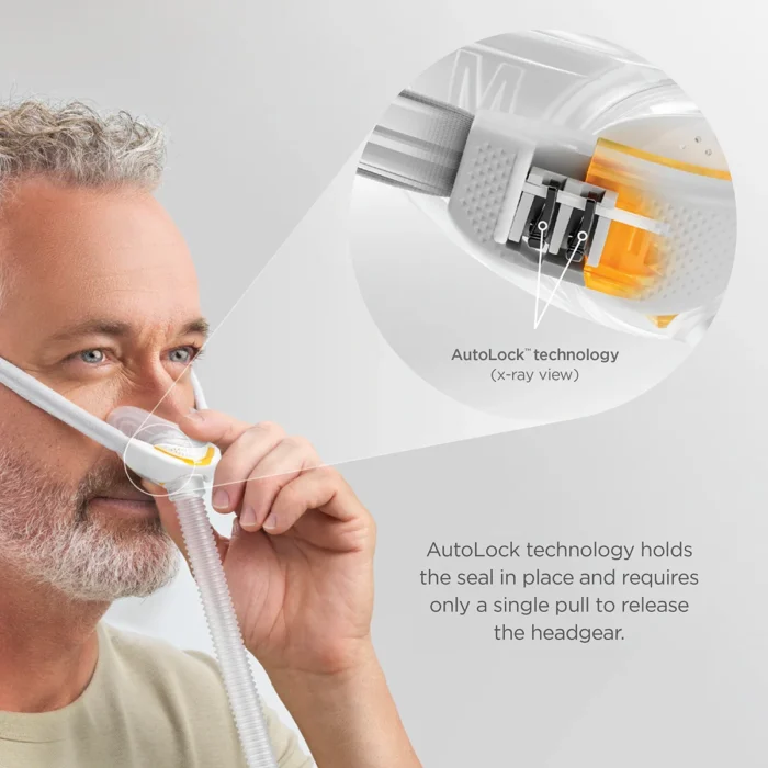 Man adjusts the Fisher & Paykel Solo Nasal CPAP Mask (Fit Pack), highlighting its AutoLock technology in a close-up, with explanatory text on the right and a Fit Pack for personalized comfort.