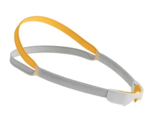 Gray and yellow plastic headgear for the Fisher & Paykel Solo Nasal & Pillow CPAP Mask, featuring an adjustable strap and a small clasp on one end.