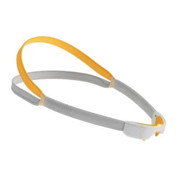 Gray and yellow plastic headgear for the Fisher & Paykel Solo Nasal & Pillow CPAP Mask, featuring an adjustable strap and a small clasp on one end.