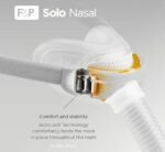 Close-up of the Fisher & Paykel Solo Nasal CPAP Mask (Fit Pack) with head strap and tube, designed for comfort and stability. The included Fit Pack offers personalized sizing options.