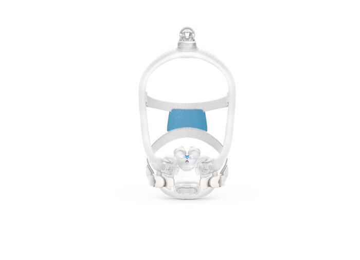 The ResMed AirFit X30i Full Face CPAP Mask in white with blue and clear accents is displayed front-facing on a white background.