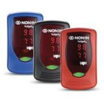 Three Nonin Onyx Vantage 9590 Finger Pulse Oximeters—one each in blue, black, and red—show readings of 98 and 77.