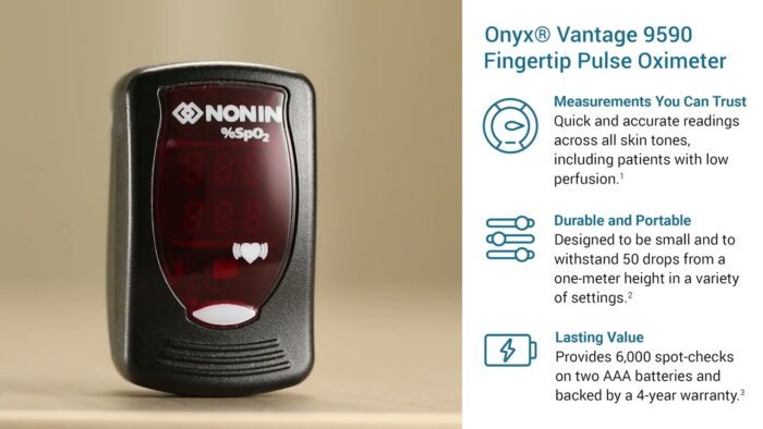 The Nonin Onyx Vantage 9590 Finger Pulse Oximeter is shown alongside its key features, emphasizing its trusted accuracy and reliable performance.