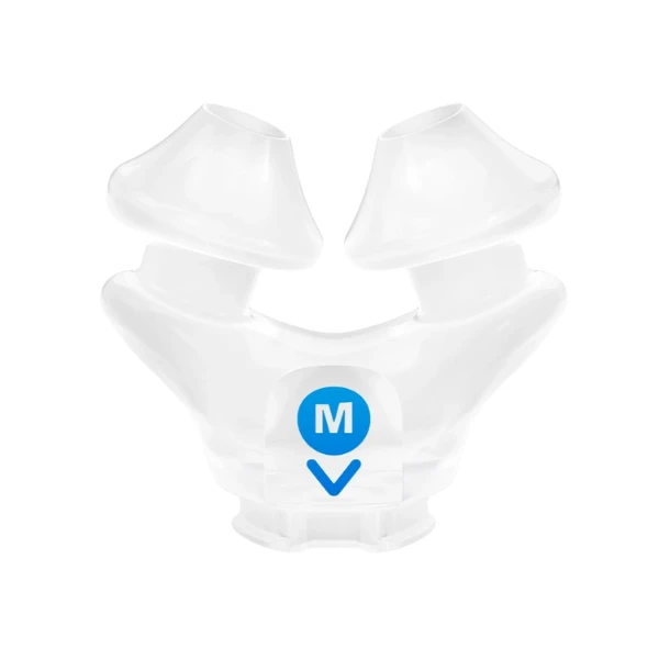 Clear silicone nasal cushion with two pillows, labeled with a blue "M" for medium. Compatible with the ResMed AirFit X30i Full Face CPAP Mask and designed for comfortable use.