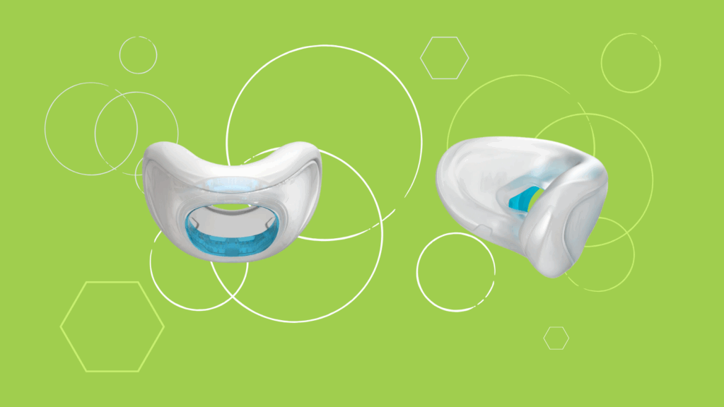 Two white and blue Fisher & Paykel mouthguard devices on a green background with geometric shapes, reminiscent of the Evora Nasal CPAP Mask in a recent CPAP mask review.