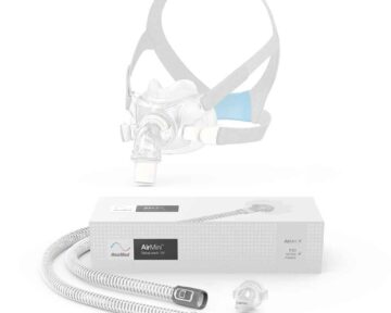 ResMed AirMini Travel APAP F30 Set Up Pack packaging shown, featuring the mask, tube, and connector displayed on a white background.