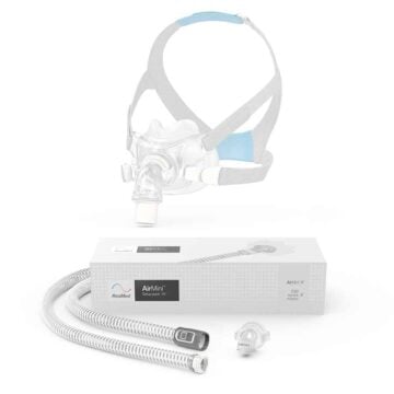ResMed AirMini Travel APAP F30 Set Up Pack packaging shown, featuring the mask, tube, and connector displayed on a white background.