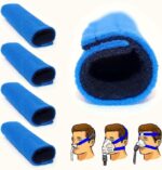 The Kego 4-Pack CPAP Strap Covers are shown in blue with illustrations demonstrating their use on various CPAP masks worn by a person—ideal accessories for increased comfort.